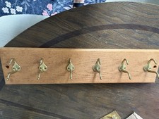 Vintage Wood Wall Coat Rack 6 Brass Double Hooks Entryway Hat Towel Hanger