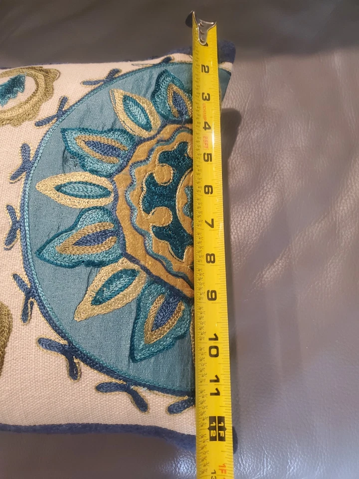 Pier1 Floral Blue Gold Embroidered Cotton Decorative Pillow 18"x 12" Farmhouse - Image 4 of 4