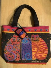 Laurel Burch Feline Three Cat Colorful Small Lined Tote Purse w/Charm Mirror
