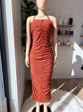 Rust Ruched Halter Tie Midi Bodycon Dress Sleeveless Solid Size 4