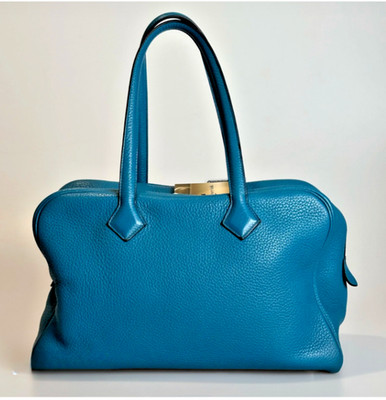 Pre Owned Hermes Taurillion Clemence Top Handle Bag Victoria 35 Tanzanite Blue