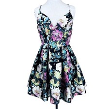 A Peach Floral Print Mini Dress Black V Neck Strappy Party Women's S Whimsigoth