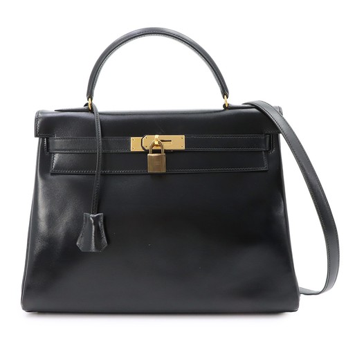 HERMES Kelly 32 Box calf Black Hand Shoulder Bag Vintage Purse 90324963