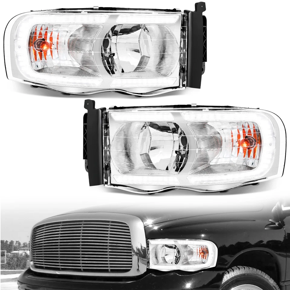 LED DRL Headlights For 2002-2005 Dodge Ram 1500 2500 3500 Chrome Headlamps LH+RH - Image 2 of 4