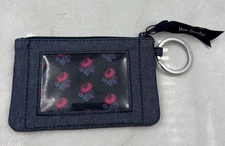 Vera Bradley ID Case Wallet Womens Navy Blue Rose Floral Zip Coin Purse Keychain
