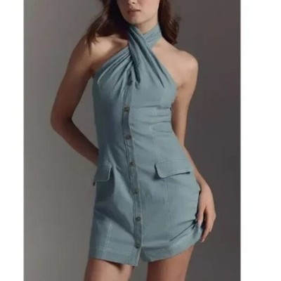Maeve Women's Sz XS Twist-Halter Linen Blend Mini Dress Light Blue  Anthropologie | eBay