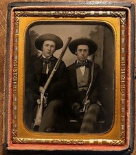 Two Men & Rifles Hawken Percussion 3 Decorative Inlays 1860s Ambrotype Photo