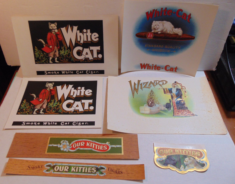 7 WHITE CAT, WIZARD, OUR KITTIES CIGAR BOX LABELS--VINTAGE--UNIQUE