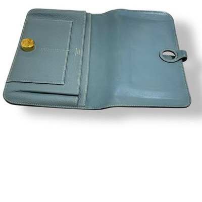 HERMES Dogon GM Wallet Blue Leather Gold Hardware Long Bifold