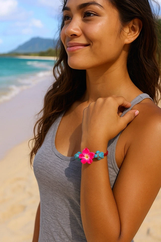 Handmade Hawaiian Plumeria Flower & Turtle Bracelet – Adjustable Tropical Anklet - Image 2 of 4
