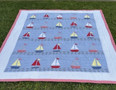 Nautical Sailboat Quilt 82'' x 82'' Beach Coastal Summer Hand Sewn Blue Red