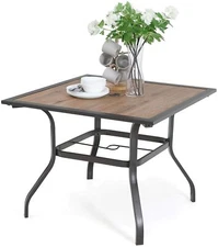 Patio Dining Table Outdoor Table with Umbrella Hole Woodlike Tabletop Square