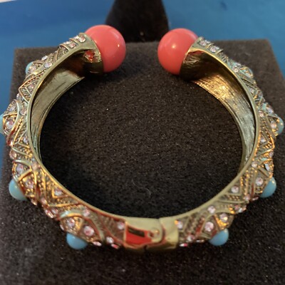 Heidi Daus Bracelet Clamper 2 Large Coral Tone Stones Turquoise and Crystals