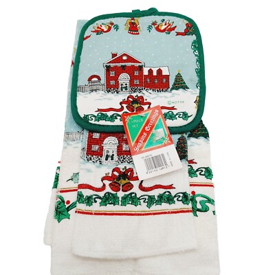 Notra Kitchen & Hand Towel Pot Holder 3 PC Winter Holiday Angel Birds Scene NOS