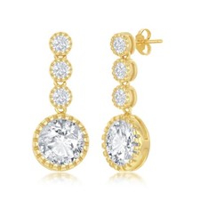 Sterling Silver Gold Plated Round CZ Dangling Earrings