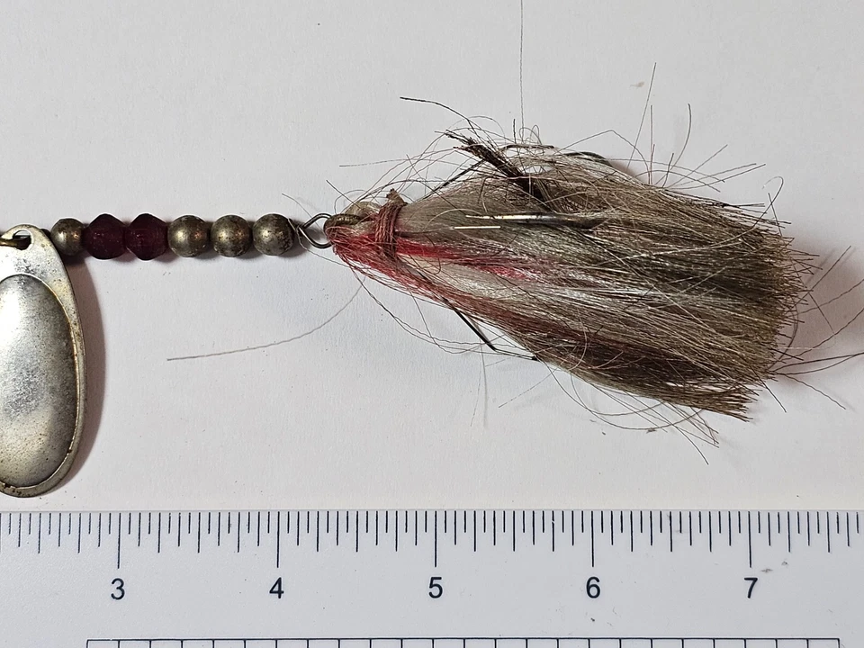 Señuelo giratorio en línea Bucktail de colección cabello atado a mano, doble hoja, envoltura roja, años 50 Foto 4 de 4