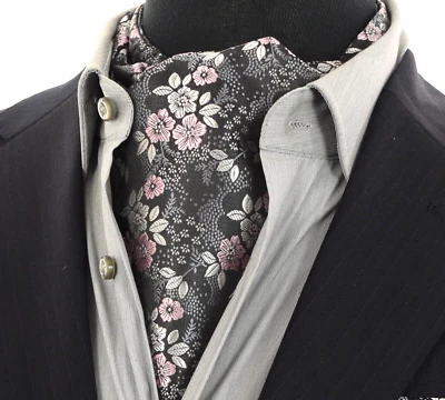 NEXTCO Herren Krawatte Ascot Krawatte Hals Blumen Schal Paisley schwarz pink grau silber gewebt UK
