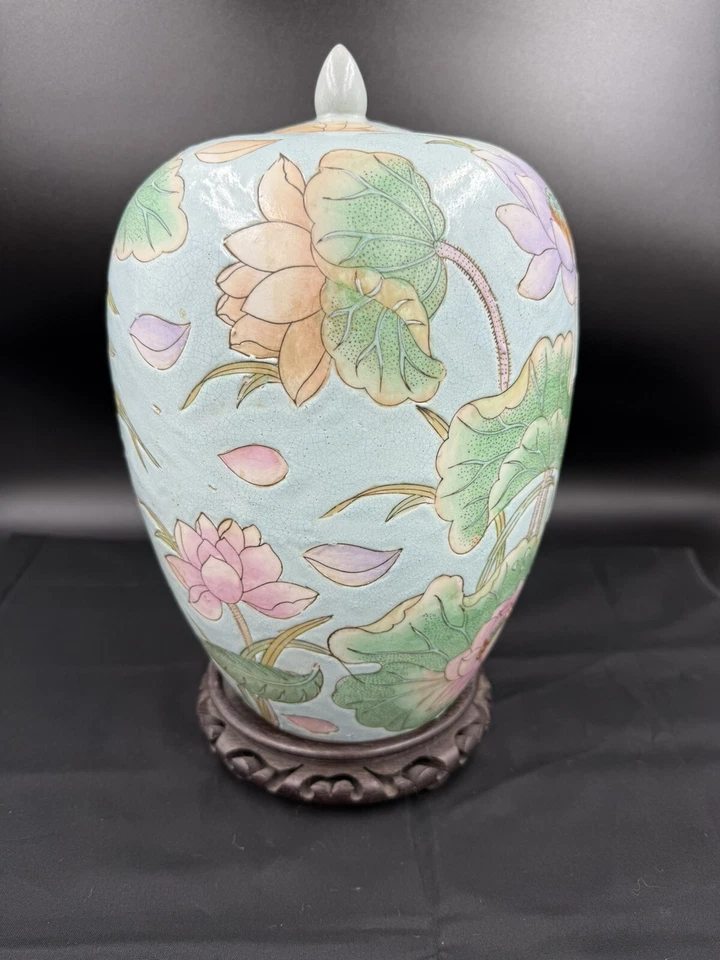 复古 WBI 带盖罐花瓶 14 英寸中国手绘粉彩莲花蓝色绿色 — 第 2/4 张图片
