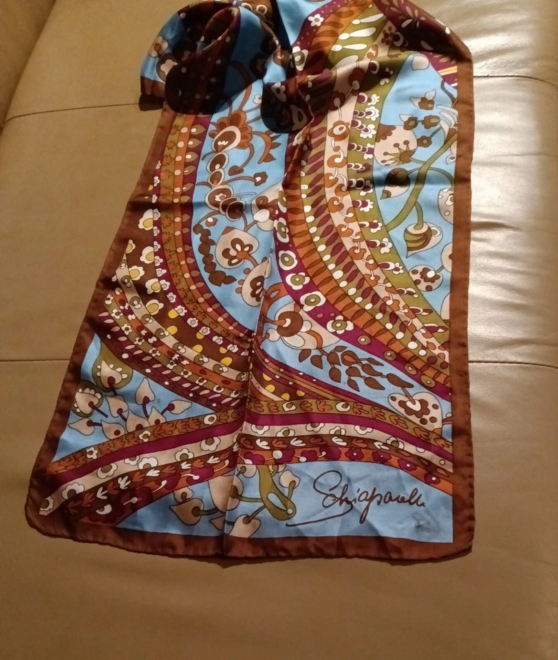 Elsa Schiaparelli винтажный шарф цветочный коричневый, синий, оранжевый - Изображение 3 из 4