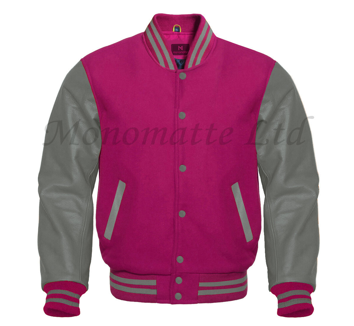 Varsity Letterman bomber H-Pink wool Genuine Gray Leather
