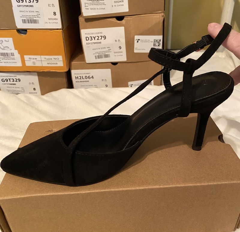Women SZ 8.5 Black Suede-Feel Stiletto Heel Party Dress Strap Shoe NIB