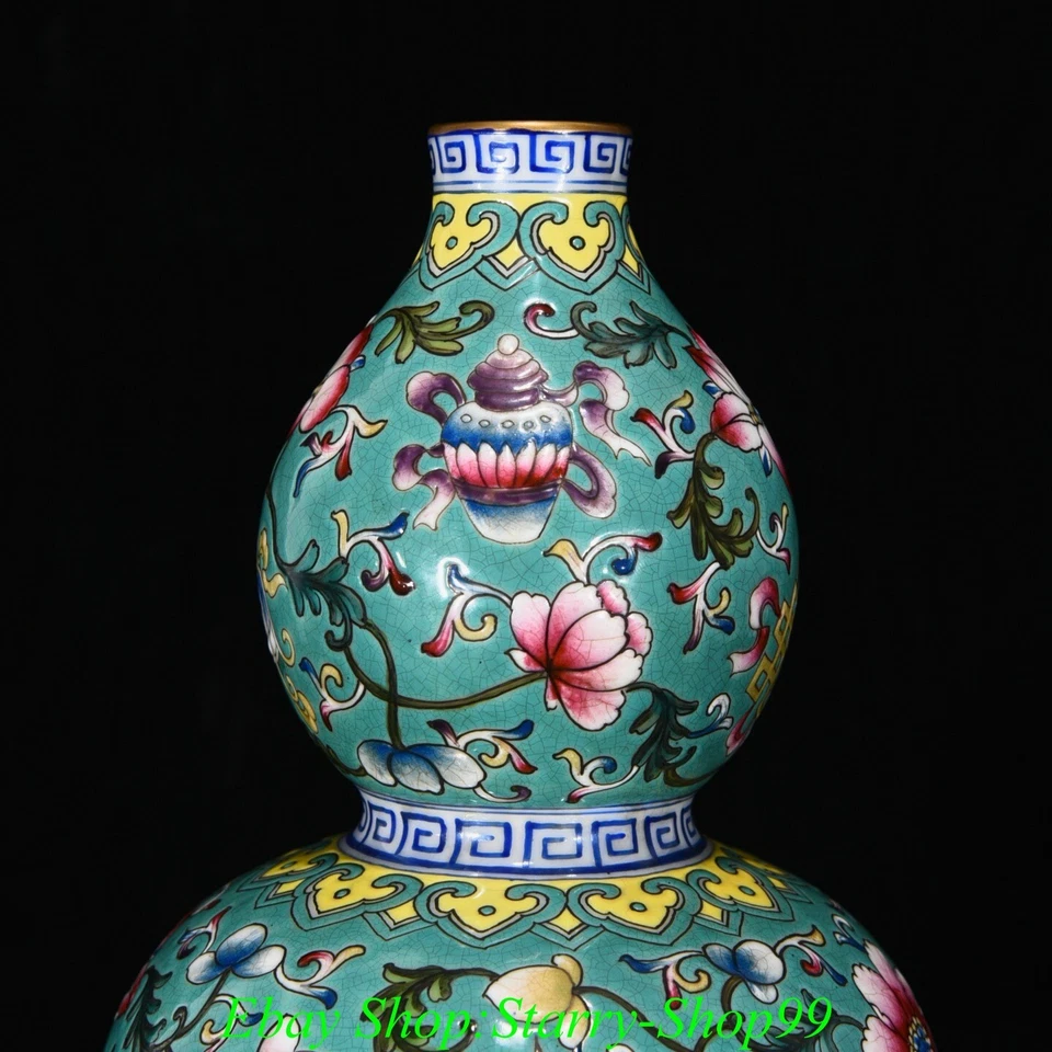 Botella jarrón calabaza calabaza dorada porcelana rosa familiar marcada Qianlong de 9,6" Foto 4 de 4