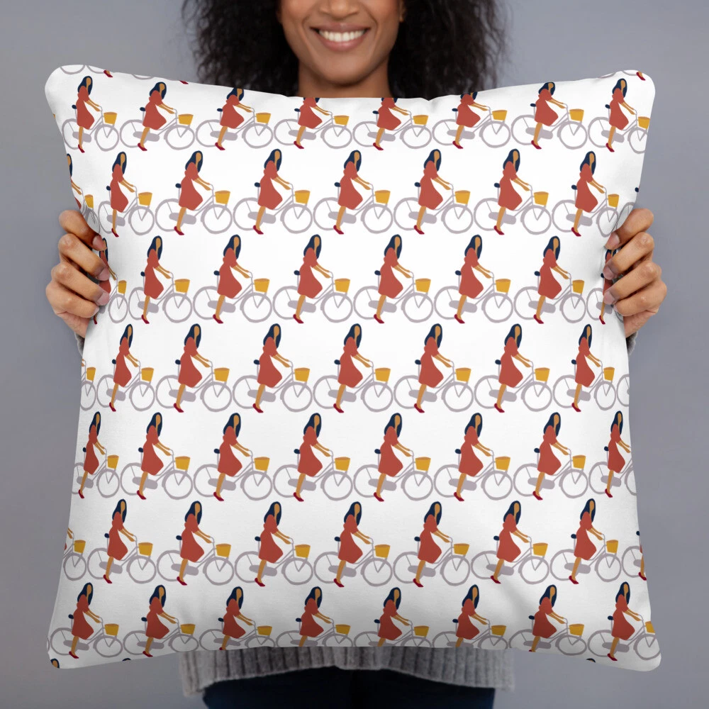 Girl Riding Bike Throw Pillow