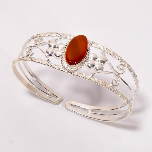 Natural Carnelian 925 Silver Handcrafted Bezel Wedding Daily Wear Cuff Bracelet - Picture 3 of 7