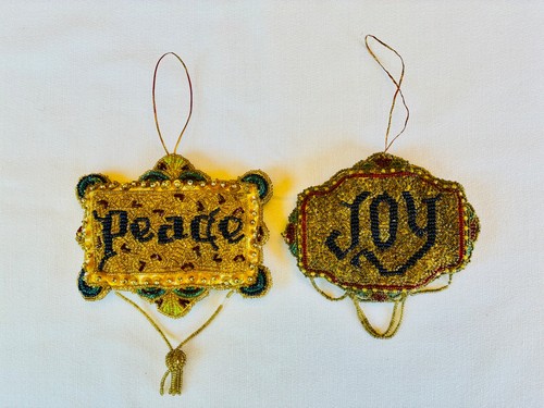 Lot of 2 Vtg VICTORIAN Style Beaded SEED GLASS Ornaments PEACE & JOY Handcrafted