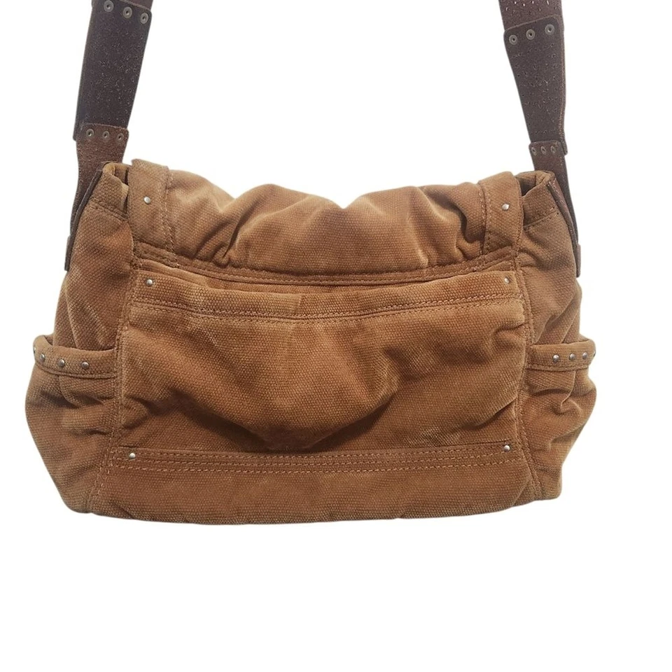 Bolso Bandolera Bandolera Bolso Mensajero Vintage FOSSIL Plegable Bronceado Cuero Gamuza Suave Foto 3 de 4