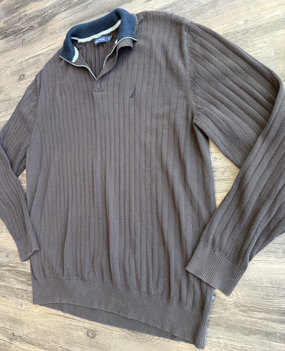 Nautica Sweater Mens 2XL Brown 1/4 Zip Rib Knit Cotton Pullover Preppy Casual