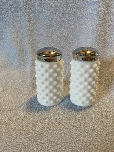 FENTON White Milk Glass Hobnail Salt & Pepper Shakers Chrome Lids/Label Vintage