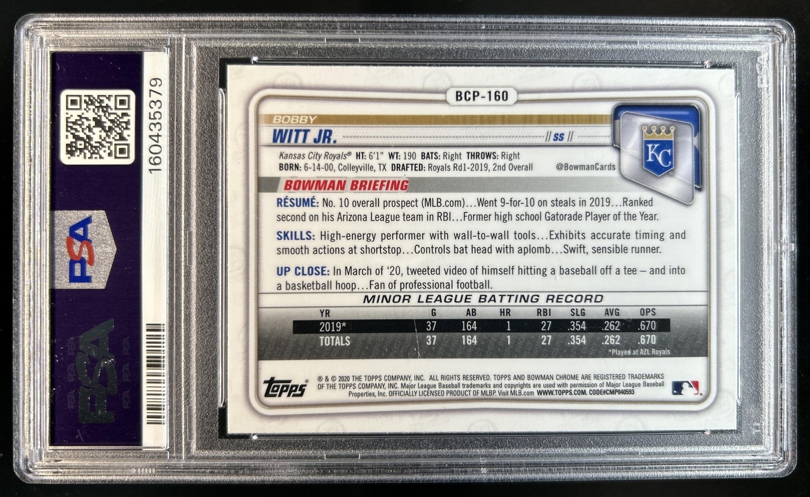 2020 Bowman Chrome Bobby Witt Jr. Prospects IP Auto Mega Box #BCP-160 PSA 10 9 view 2