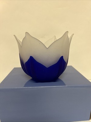 Unmarked Blue Frosted Glass Bowl Petal Rim Decorative Centerpiece 