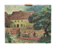 Karl Dannemann – Dorfhof mit Figuren – Öl auf Holz, signiert Gemälde