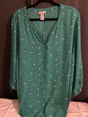 Catherines Womens Plus Size 3X Green Umbrella Pattern Button-Up Shirt 3/4 Sleeve