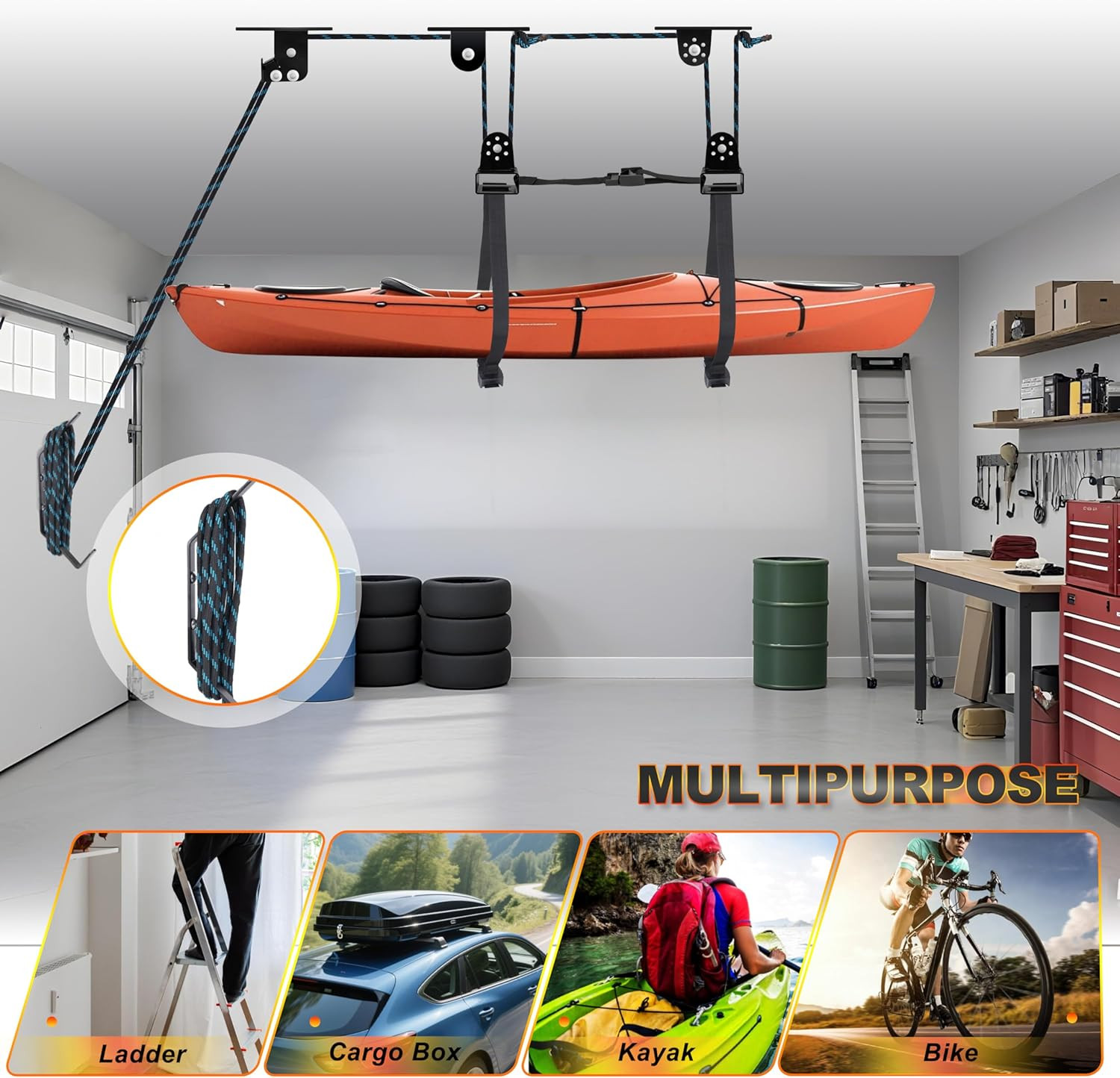 Heavy Duty Kayak Hoist for Garage, 150 Lbs Capacity, Ceiling Lift System