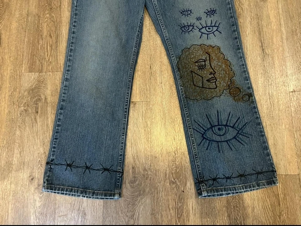 Urban Up Jeans Mens 36x32 Blue Straight Leg Hand Painted Art Graphics Custom - Image 4 of 4