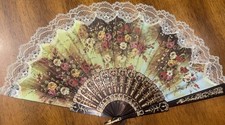 Decorative Folding Hand Fan With Flowers Brown Plastic Handles Lace Edge US68