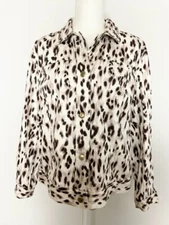 Chico's Womens Button Down Jacket Top Size 2 Ivory Brown Animal Print Beaded