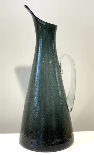 18” Blenko Pitcher 976 Charcoal Crackle Glass Crystal Handle By Winslow Anderson