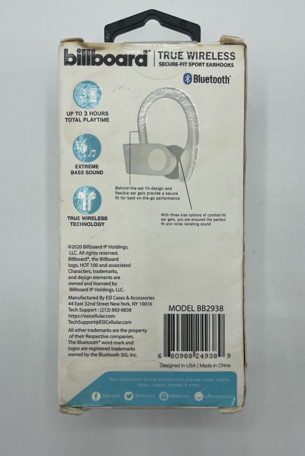 BILLBOARD Bluetooth True Wireless Secure Fit Sport EARHOOKS White 