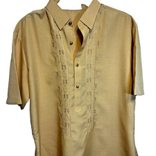 Handmade Guayabera Style Shirt XL Yellow Gold Buttons Embroidery Cuban New