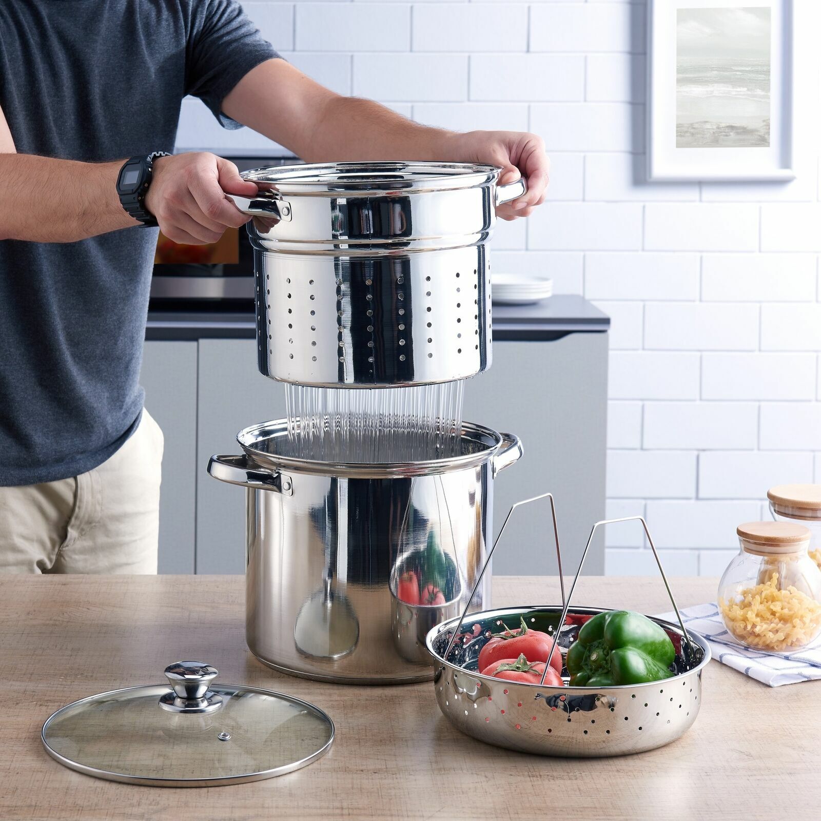 4 Pcs Stainless Steel Pasta Cooker Set 8 qt Stock Pot with Steamer