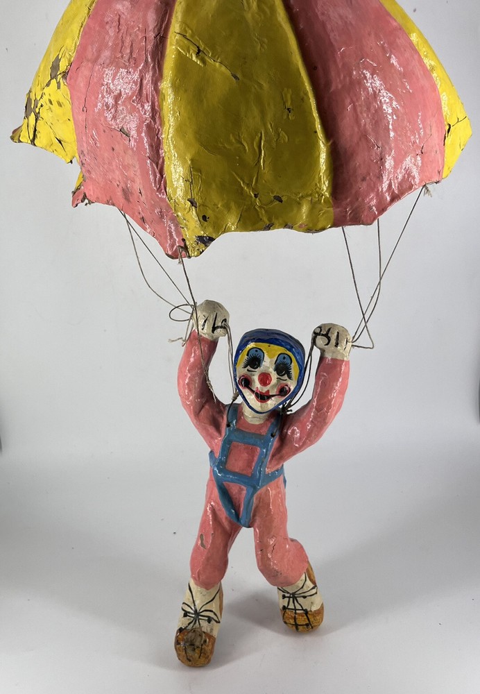 Vintage Paper Mache Clown Parachute Skydiver Paraglider Sculpture Figurine