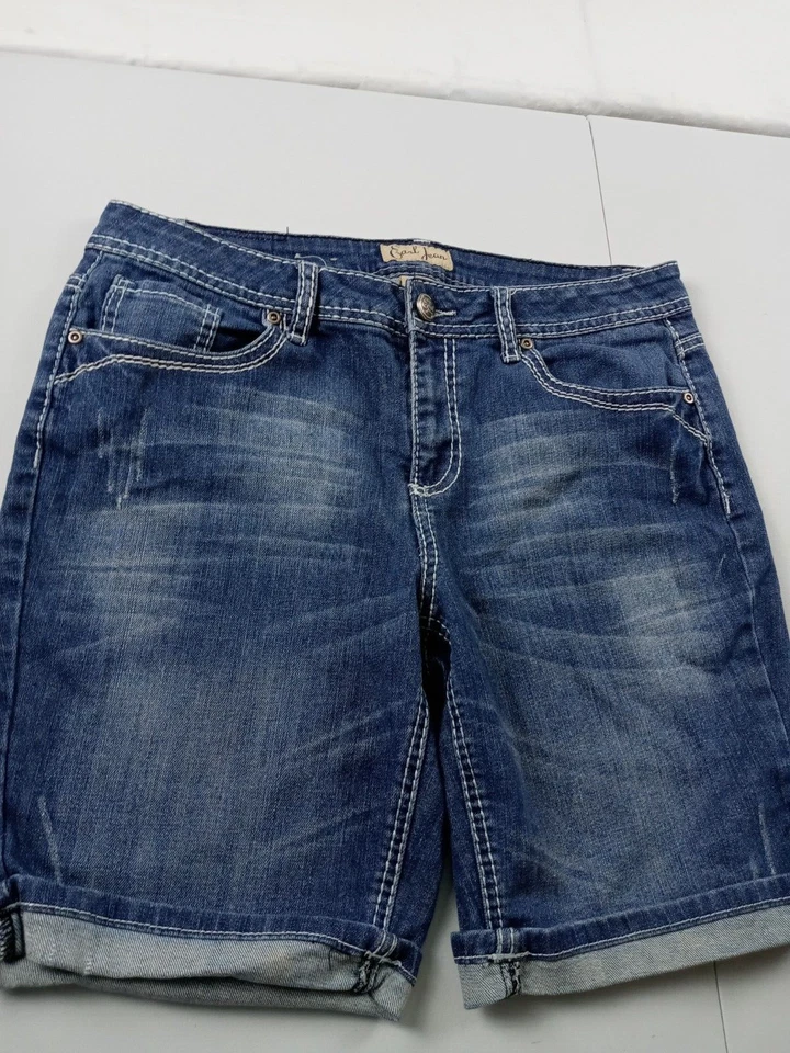 Earl Jean Shorts Women Size 10 Blue Denim Roll Cuff Embroidered Flap Pocket - Image 2 of 4