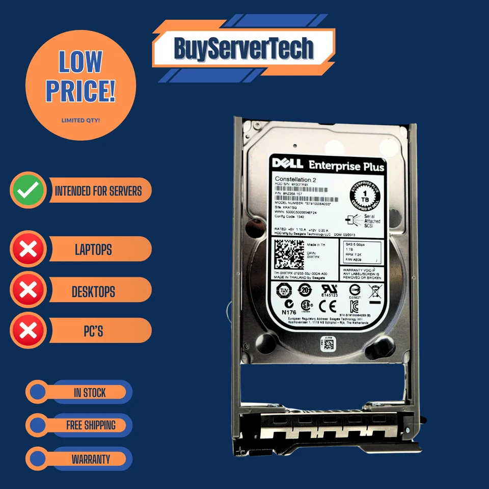 Dell ST91000640SS 1TB 7.2K 2.5" SAS 6Gb/s HDD 0VXTPX + Tray | Verified | 1YR - Image 4 of 4
