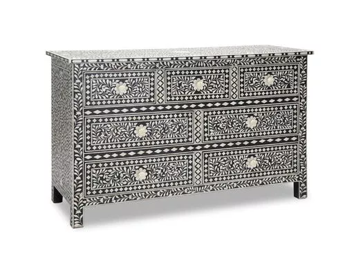 Bone Inlay Chest 7 Drawers Black Handmade Floral Design Bone