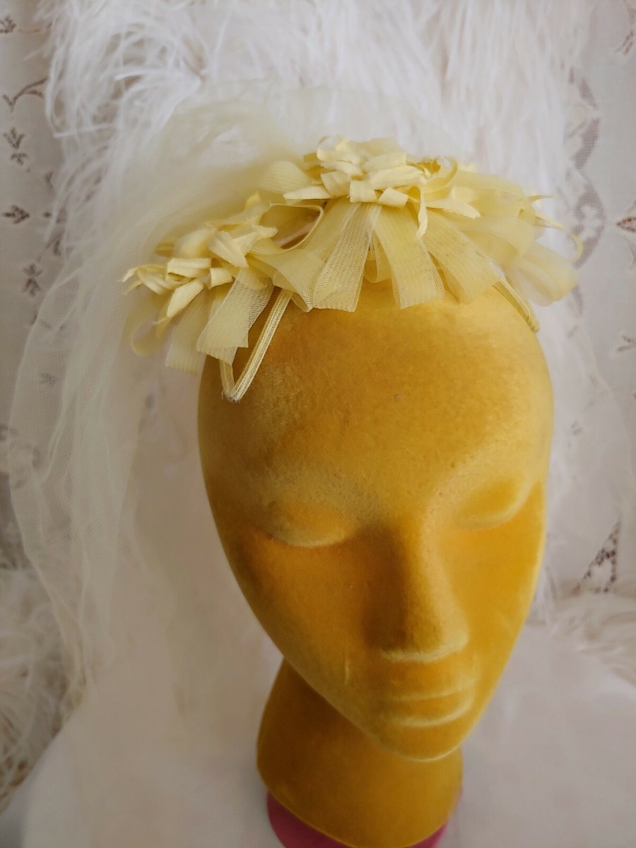 Vintage MINK  tulle headpiece hat headband 1960’s Vtg Mink Fur Pillbox Hat Satin Bow Velvet Band Veil Tan 50s  main image 2