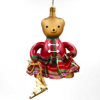 Soffieria De Carlini Bear Christmas Ornament Blown Glass Tartan Skirt Ice Skates